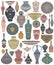 Traditional Arabic utensils collection. Oriental dishes, pots, lantern, bowl, plates, pottery, ceramic with national floral orname