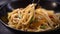 Traditional Asian cuisine. Japanese dish udon noodles on a dark background. Man eating udon noodles with chopsticks