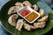 Traditional asian food. Nepalese steamed dumpling momo served with tomato chutney