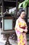 Traditional Asian Japanese woman Geisha wearing kimono play in a graden