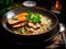 Traditional asian ramen noodle soup with sliced meat and vegetables.