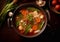 Traditional asian soup with noodles ad vegetables.Top view.AI Generative