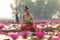 Traditional asian woman harvest red lotus flower on the boat in nature river,