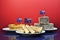 Traditional Australian food - meat pie and sauce, lamingtons and fairy bread - with flag