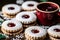 Traditional Austrian or German Linzer cookies with shortcrust pastry and jam filling