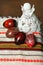 Traditional authentic ukrainian painted Easter eggs, traditional crochet knitted white lace angel on embroidered table cloth