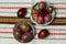 Traditional authentic ukrainian painted Easter eggs on traditional embroidered napkin or table cloth rushnyk. Flat lay