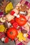 Traditional autumn background. Assorted of different knitted mushrooms, ripe Hokkaido pumpkins