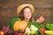 Traditional autumnal fest. Farm activities for kids. Girl kid farm market with fall harvest. Child celebrate harvesting