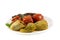 Traditional Azerbaijan food Dolma. Uc baci, Pomidor badimcan biber dolmasi. Tomatoes, eggplants and peppers filled with meat