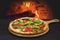 Traditional baked pizza on background of blurred brick oven fire