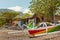 Traditional balinese boats in black sand beach in Amed village, Bali