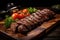 Traditional barbecue Brazilian churrasco steaks on a rustic wooden board