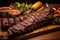 Traditional barbecue Brazilian churrasco steaks on a rustic wooden board