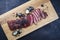 Traditional barbecue wagyu gourmet bavette steak on a design wooden board