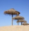 Traditional bast parasols at the sandy Atlantic beach