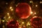 Traditional baubles hangs on twigs tree of pine. Bright red balls on Christmas tree of fir or spruce with string rice lights bulbs