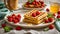Traditional Belgian waffles lunch homemade delicious strawberries serving baked sugar plate