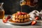 Traditional Belgian waffles with strawberries pouring honey from jar. Delicious food. Horizontal