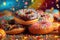 Traditional Berliner for carnival and party. German Krapfen or donuts with streamers and confetti. Colorful carnival or birthday