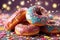 Traditional Berliner for carnival and party. German Krapfen or donuts with streamers and confetti. Colorful carnival or birthday