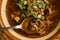 Traditional birria de res, a Jalisco style beef soup typical from Mexico. Close-up of the stew with a spoon