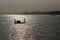 Traditional boat on ganga river in kolkata india in sunset