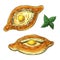 Traditional boat pie with cheese and egg hand drawn isolated on white. Ajarian or georgian khachapuri color drawing. bakery sketch