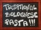 Traditional Bolognese Pasta, sign written on blackboard