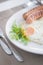 Traditional breakfast with sausages, fried eggs with ground black pepper and bread