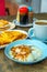 Traditional breakfast set and coffee, boiled eggs and toast, popular in Singapore