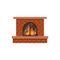 Traditional brick fireplace with fire behind glass, flat vector illustration isolated on white background.