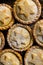 Traditional British Christmas Pastry Dessert Home Baked Mince Pies with Apple Raisins Nuts Filling Shortcrust Powdered Top View