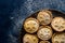 Traditional British Christmas Pastry Dessert Mince Pies with Apple Raisins Nuts Filling Golden Shortcrust Powdered Vintage Plate