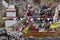 Traditional Buddhist chortens stand in the Himalayan mountains.