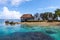 Traditional bungalow of native aborigines Micronesian people. Reef coral island motu. Blue azure turquoise lagoon. Pohnpei island.