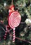 Traditional candy cane hanging on christmas tree