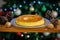 Traditional caramelized condensed milk pudding with eggs, in selective focus on blurred background of decorated Christmas tree.