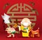 Traditional cartoon Chinese God of Longevity, Lucky Boy and the symbolic animals