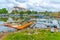 traditional catamarans mooring at the shore of Negombo lagoon in