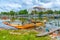 traditional catamarans mooring at the shore of Negombo lagoon in