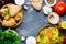 Traditional caucasian food and ingredients on table top view