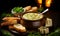 traditional cheese fondue, swiss cuisine.Fondue from melted cheese with bread on long forks on a rustic wooden table