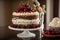 traditional cherry-layered cake with white frosting and cherry accents