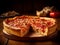 Traditional Chicago Pizza with Salami and Cheese on wooden table. Ai Generative