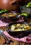 Traditional chilean latinamerican meat soup ajiaco served in clay plate