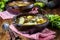 Traditional chilean latinamerican meat soup ajiaco served in clay plate