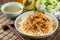 Traditional chinese bowl of rice vermicelli with minced fried po