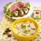 Traditional Chinese bowl of wanton noodle with pork and mushroom