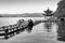 Traditional chinese bridge and pavilion on Hangzhou lake, China, Black and white